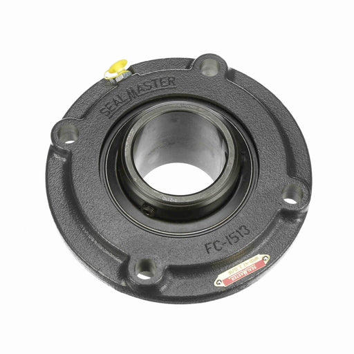 Sealmaster MFCD-55 Mounted Ball Bearings, Black Oxide Bearing, 4 Bolt Piloted Flange Bearings, 3-7/16" Diameter, Cast Iron Housing, Double Set Screw Locking, Felt Labyrinth Seal, Wide Inner Race