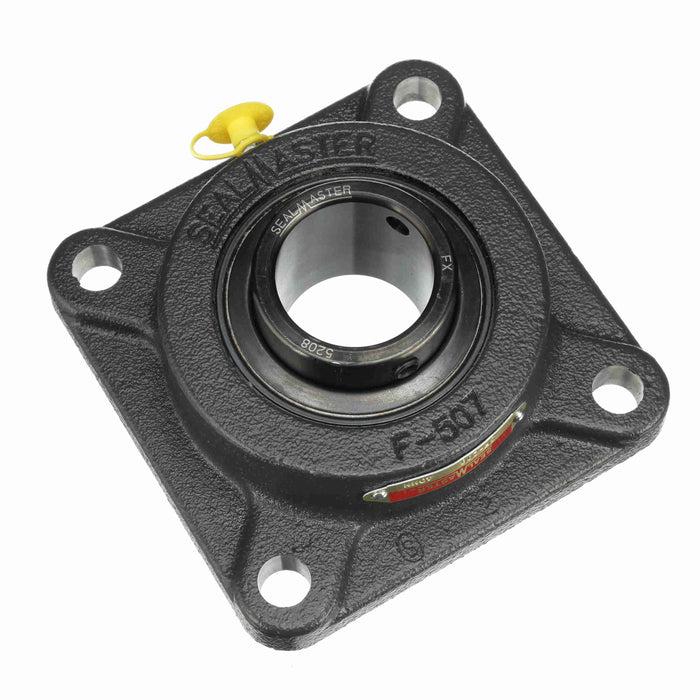 Sealmaster SF-208 Mounted Ball Bearings, Black Oxide Bearing, 4 Bolt Flange Bearings, 40mm Diameter, Cast Iron Housing, Set Screw Locking, Felt Labyrinth Seal, Wide Inner Race