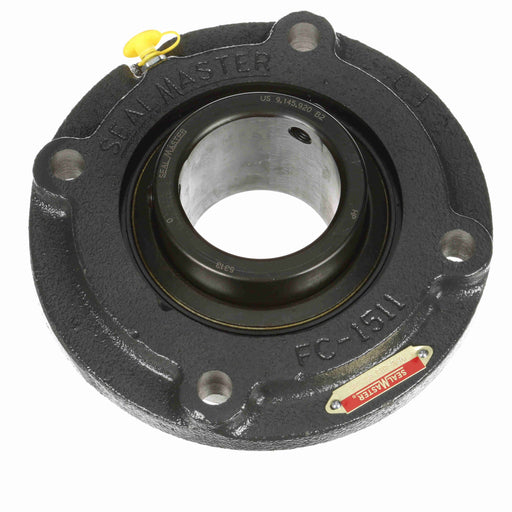 Sealmaster MFC-313 Mounted Ball Bearings, Black Oxide Bearing, 4 Bolt Piloted Flange Bearings, 65mm Diameter, Cast Iron Housing, Set Screw Locking, Felt Labyrinth Seal, Wide Inner Race