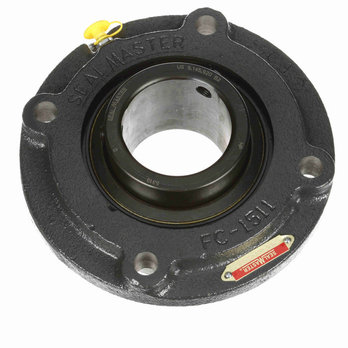 Sealmaster MFC-313 Mounted Ball Bearings, Black Oxide Bearing, 4 Bolt Piloted Flange Bearings, 65mm Diameter, Cast Iron Housing, Set Screw Locking, Felt Labyrinth Seal, Wide Inner Race