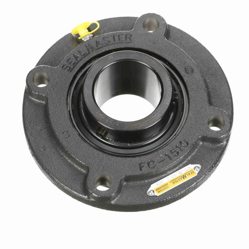 Sealmaster MFC-35 DRT Mounted Ball Bearings, Black Oxide Bearing, 4 Bolt Piloted Flange Bearings, 2-3/16" Diameter, Cast Iron Housing, Set Screw Locking, Triple Lip Seal, High Contamination, Wide Inner Race