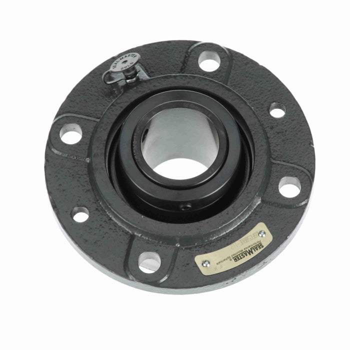 Sealmaster USFC5000E-308 Mounted Spherical Roller Bearings, Black Oxide Bearing, 4 Bolt Piloted Flange Bearings, 3-1/2" Diameter, Cast Iron Housing, Two Set Screw Lock Collars, Felt Labyrinth Seal, 