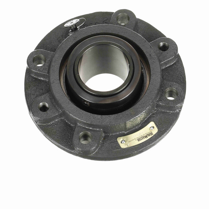 Sealmaster USFCE5000-203 Mounted Spherical Roller Bearings, Black Oxide Bearing, 4 Bolt Piloted Flange Bearings, 2-3/16" Diameter, Cast Iron Housing, Two Set Screw Lock Collars, Felt Labyrinth Seal, 