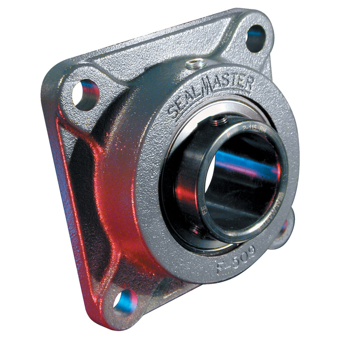 Sealmaster SF-35 RM Mounted Ball Bearings, Black Oxide Bearing, 4 Bolt Flange Bearings, 2-3/16" Diameter, Cast Iron Housing, Set Screw Locking, Felt Labyrinth Seal, Reduced Maintenance - Lubed for Life, Wide Inner Race