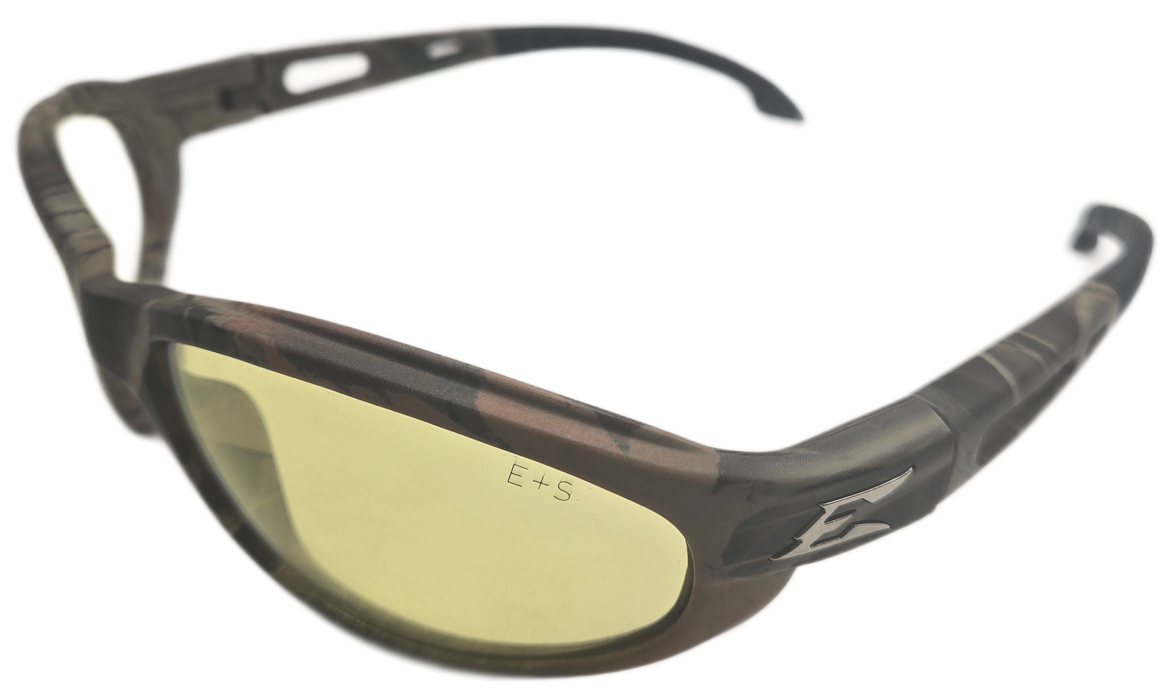 Edge Eyewear Dakura SW112CF safety glasses with forest camouflage frame and yellow lens