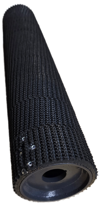 6" OD trapezoidal-crown welded-shaft conveyor pulley with spiral-wrapped rough-top lagging