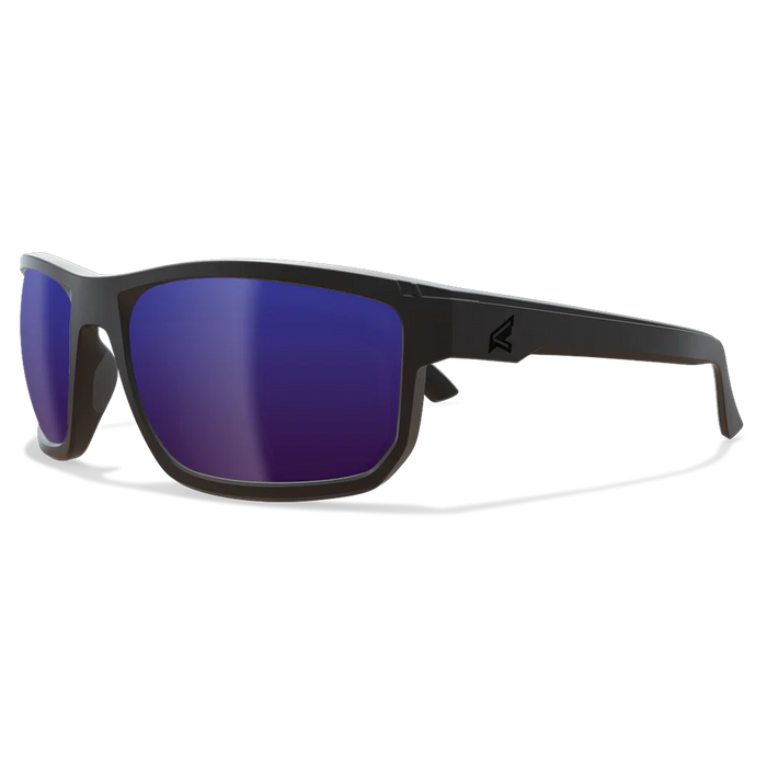 Edge Eyewear Defiance ZTDFAP218 safety glasses with matte black wayfarer frame and polarized aqua precision blue mirror lens