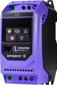 Blue rectangular cube shaped variable frequency drive with keypad and invertek optidrive e3 printed on it