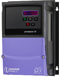 Blue and black rectangular cube shaped variable frequency drive with keypad and invertek optidrive e3 and IP66 NEMA 4X printed on it