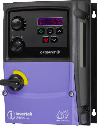 Blue and black rectangular cube shaped variable frequency drive with keypad, lockout switch, 2 knobs, and invertek optidrive e3 and IP66 NEMA 4X printed on it.