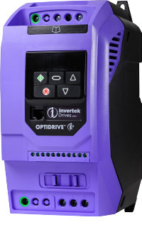 Blue rectangular cube shaped variable frequency drive with keypad and invertek optidrive e3 printed on it