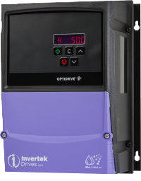 Blue and black rectangular cube shaped variable frequency drive with keypad and invertek optidrive e3 and IP66 NEMA 4X printed on it
