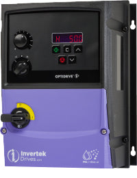 Blue and black rectangular cube shaped variable frequency drive with keypad, lockout switch, 2 knobs, and invertek optidrive e3 and IP66 NEMA 4X printed on it.