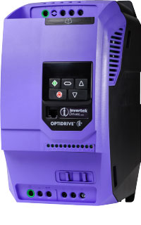 Blue rectangular cube shaped variable frequency drive with keypad and invertek optidrive e3 printed on it