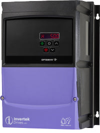 Blue and black rectangular cube shaped variable frequency drive with keypad and invertek optidrive e3 and IP66 NEMA 4X printed on it