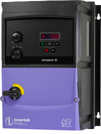 Blue and black rectangular cube shaped variable frequency drive with keypad, lockout switch, 2 knobs, and invertek optidrive e3 and IP66 NEMA 4X printed on it.