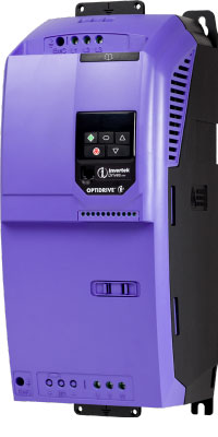 Blue rectangular cube shaped variable frequency drive with keypad and invertek optidrive e3 printed on it