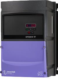 Blue and black rectangular cube shaped variable frequency drive with keypad and invertek optidrive e3 and IP66 NEMA 4X printed on it
