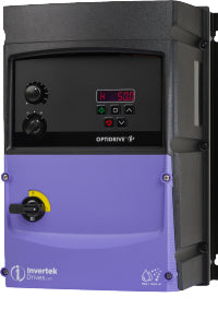 Blue and black rectangular cube shaped variable frequency drive with keypad, lockout switch, 2 knobs, and invertek optidrive e3 and IP66 NEMA 4X printed on it.