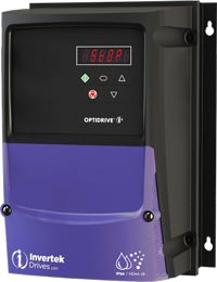 Blue and black rectangular cube shaped variable frequency drive with keypad and invertek optidrive e3 and IP66 NEMA 4X printed on it
