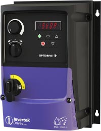 Blue and black rectangular cube shaped variable frequency drive with keypad, lockout switch, 2 knobs, and invertek optidrive e3 and IP66 NEMA 4X printed on it.