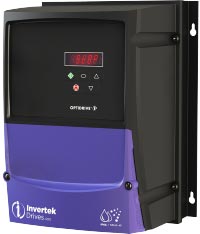 Blue and black rectangular cube shaped variable frequency drive with keypad and invertek optidrive e3 and IP66 NEMA 4X printed on it