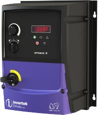 Blue and black rectangular cube shaped variable frequency drive with keypad, lockout switch, 2 knobs, and invertek optidrive e3 and IP66 NEMA 4X printed on it.