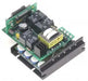 Black chassis mount electronic DC reversing speed controller with solid state dynamic braking circuits and zero-speed detect circuits. Exposed chips, wires, battery and more on green control board.