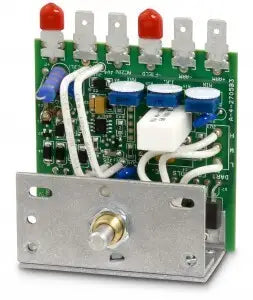 Steel chassis mount electronic DC speed controller. Exposed chips, wires, battery and more on green control board, 6 terminal pins extending from top and speed potentiometer extending from bottom.