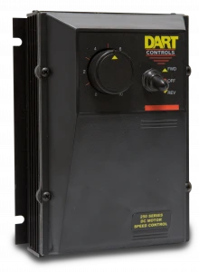 Black plastic enclosed SCR DC motor speed controller. On/off switch upper right, dart contols logo at top right. Speed potentiometer knob upper left with up, forward/off/revers switch on upper right.