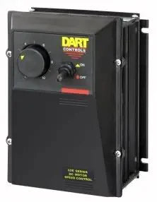 Black plastic enclosed DC motor speed controller. Dart contols logo at top right, 65e series dc motor speed control printed bottom right. Fwd off rev switch upper right. Speed potentiometer knob upper left.