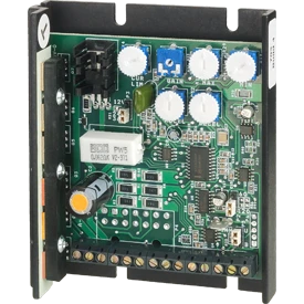 Black chassis mount electronic DC speed controller. Exposed chips, wires, battery and more on green control board.