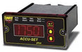 Black plastic enclosed digital potentiometer. Dart contols logo at top left, Accu-Set Plus printed lower middle. Digital screen in center, up down and enter buttons on right. Auto man item alm1 valu alm2 tach error printed above digital screen.