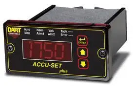 Black plastic enclosed digital potentiometer. Dart contols logo at top left, Accu-Set Plus printed lower middle. Digital screen in center, up down and enter buttons on right. Auto man item alm1 valu alm2 tach error printed above digital screen.