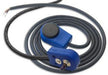 Blue encoder with black rubber electrical cable attached and coiled up. 
