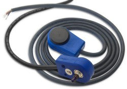 Blue encoder with black rubber electrical cable attached and coiled up. 