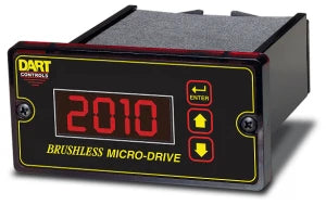 Black plastic enclosed digital potentiometer. Dart contols logo at top left, Brushless Micro-Drive printed lower middle. Digital screen in center, up down and enter buttons on right.