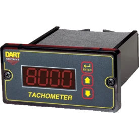 Black plastic enclosed digital programmable potentiometer. Dart contols logo at top left, Tachometer printed lower middle. Digital screen in center, up down and enter buttons on right.