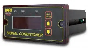 Black plastic enclosed signal conditioner / generator. Dart contols logo at top left, signal conditioner printed lower middle. Digital screen in center, up down and enter buttons on right. SCL GEN SPL printed above digital screen.