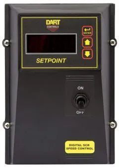 Black plastic enclosed SCR DC motor speed controller. On/off switch in middle, dart contols logo at top, setpoint printed upper middle. Digital screen upper left with up down and enter buttons on upper right.