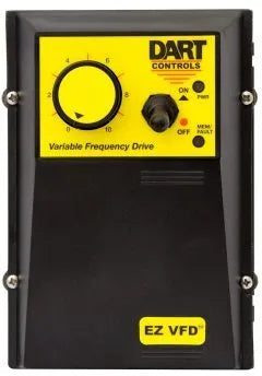 Black and yellow plastic enclosed AC motor speed controller VFD. Dart contols logo at top right, EZ VFD printed bottom right. Fwd off rev switch upper right. Speed potentiometer knob upper left. Variable frequency drive printed below speed contol knob. pwr light and mem fault light upper right.