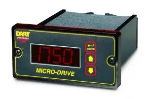 Black plastic enclosed digital DC Drive. Dart contols logo at top left, Micro-Drive printed lower middle. Digital screen in center, up down and enter buttons on right.