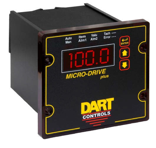 Black plastic enclosed digital DC Drive. Dart contols logo at bottom middle, digital screen in upper center with Micro-Drive Plus printed below screen, up down and enter buttons right of screen. Auto, man, item, alm1, valu, alm2, tach, error printed above screen.