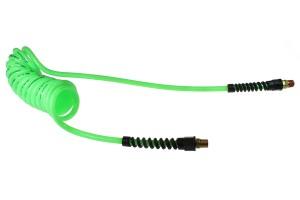 25 feet Long 3/8 inch ID 3/8 inch NPT Swivel Air Hose Coiled Hose Neon Green Polyurethane Reusable Fitting Strain Relief Fitting